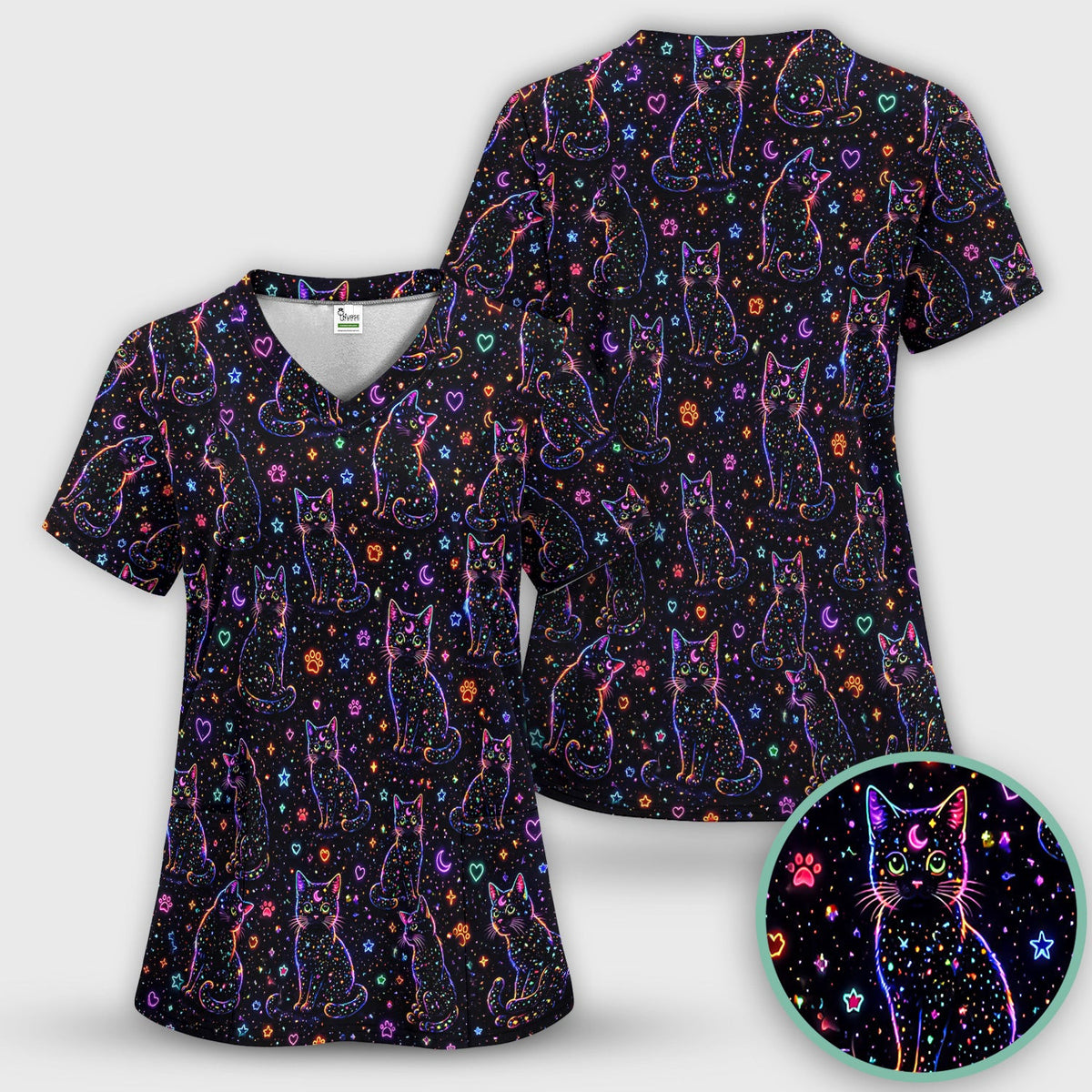 Mystical Cosmic Moon Cat Pattern Scrub Top, Comfortable Scrubs for Nurses