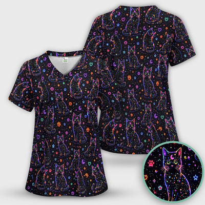 Mystical Cosmic Moon Cat Pattern Scrub Top, Comfortable Scrubs for Nurses