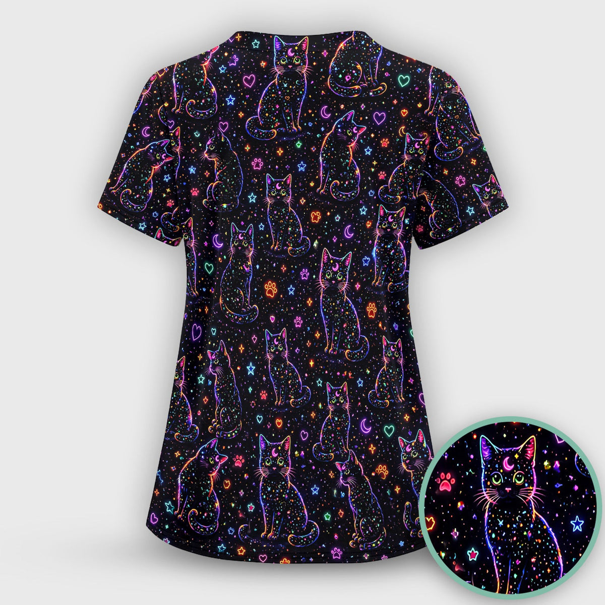 Mystical Cosmic Moon Cat Pattern Scrub Top, Comfortable Scrubs for Nurses