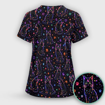 Mystical Cosmic Moon Cat Pattern Scrub Top, Comfortable Scrubs for Nurses