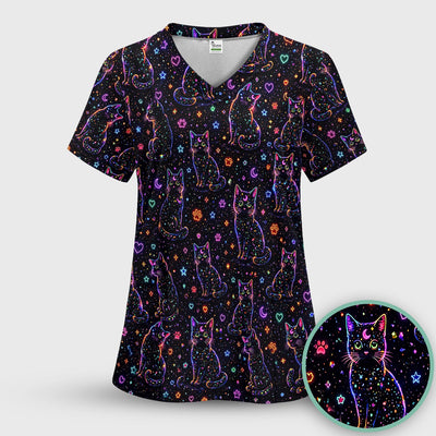 Mystical Cosmic Moon Cat Pattern Scrub Top, Comfortable Scrubs for Nurses