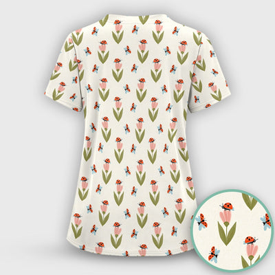 Cute Ladybug Tulip Floral Pattern Scrub Top, Comfortable Scrubs for Nurses