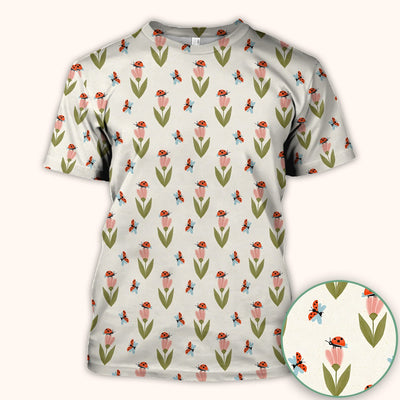 Cute Ladybug Tulip Floral Pattern Scrub Top, Comfortable Scrubs for Nurses