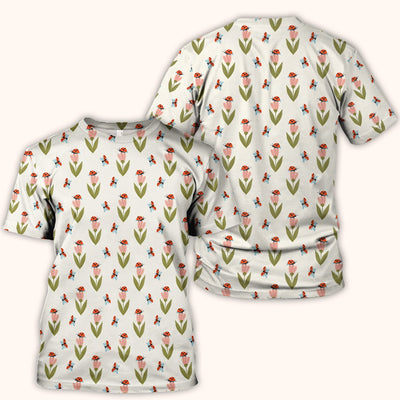 Cute Ladybug Tulip Floral Pattern Scrub Top, Comfortable Scrubs for Nurses