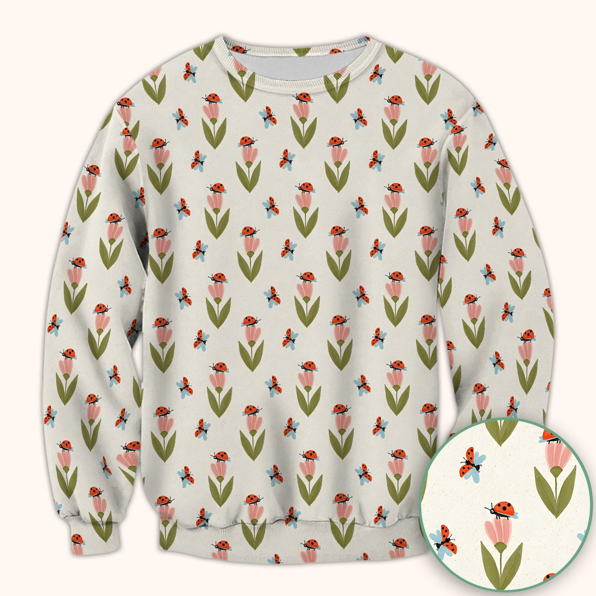Cute Ladybug Tulip Floral Pattern Scrub Top, Comfortable Scrubs for Nurses