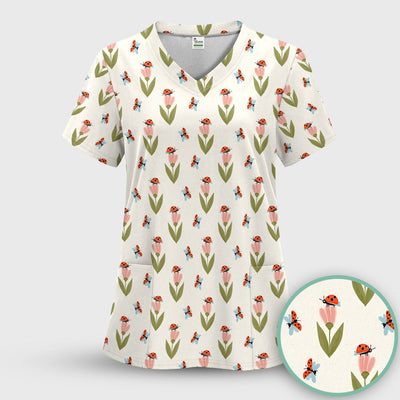 Cute Ladybug Tulip Floral Pattern Scrub Top, Comfortable Scrubs for Nurses