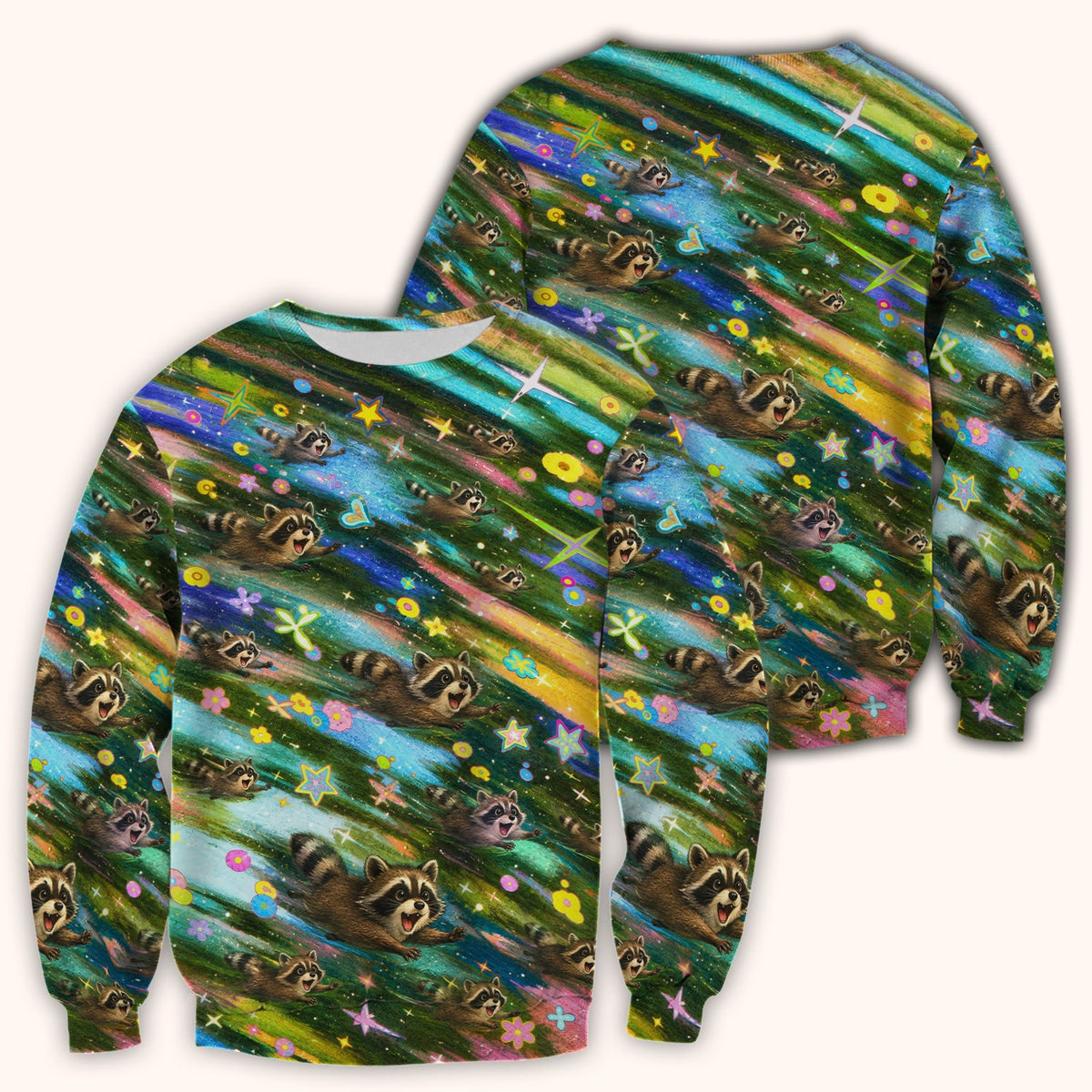 Cute Raccoon Rainbow Dash Pattern Scrub Top, Comfortable Scrubs for Nurses
