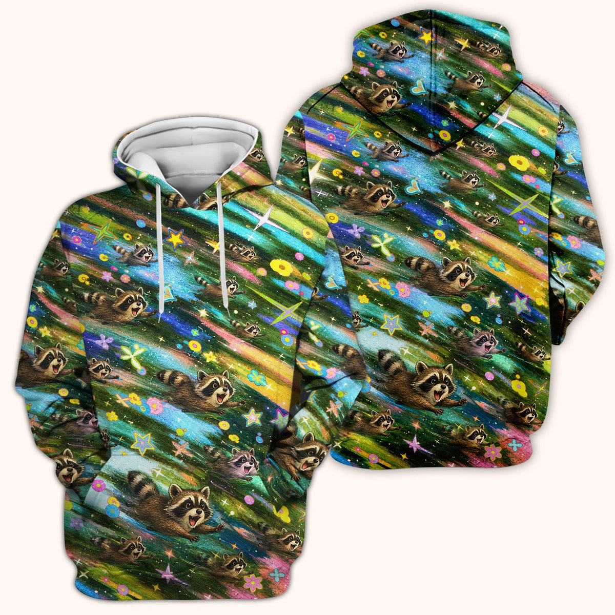 Cute Raccoon Rainbow Dash Pattern Scrub Top, Comfortable Scrubs for Nurses