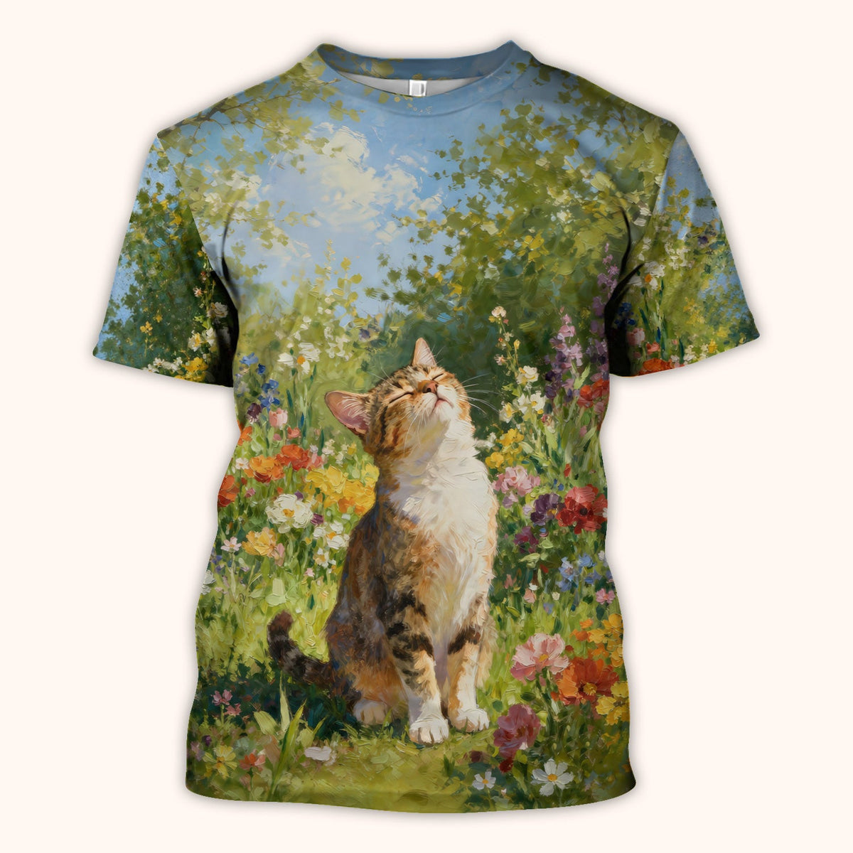 Whimsical Garden Cat Blossom Pattern Scrub Top, Comfortable Scrubs for Nurses
