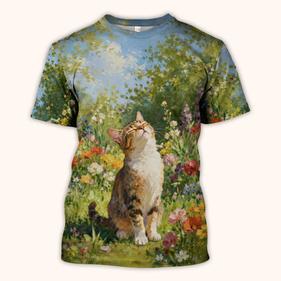 Whimsical Garden Cat Blossom Pattern Scrub Top, Comfortable Scrubs for Nurses