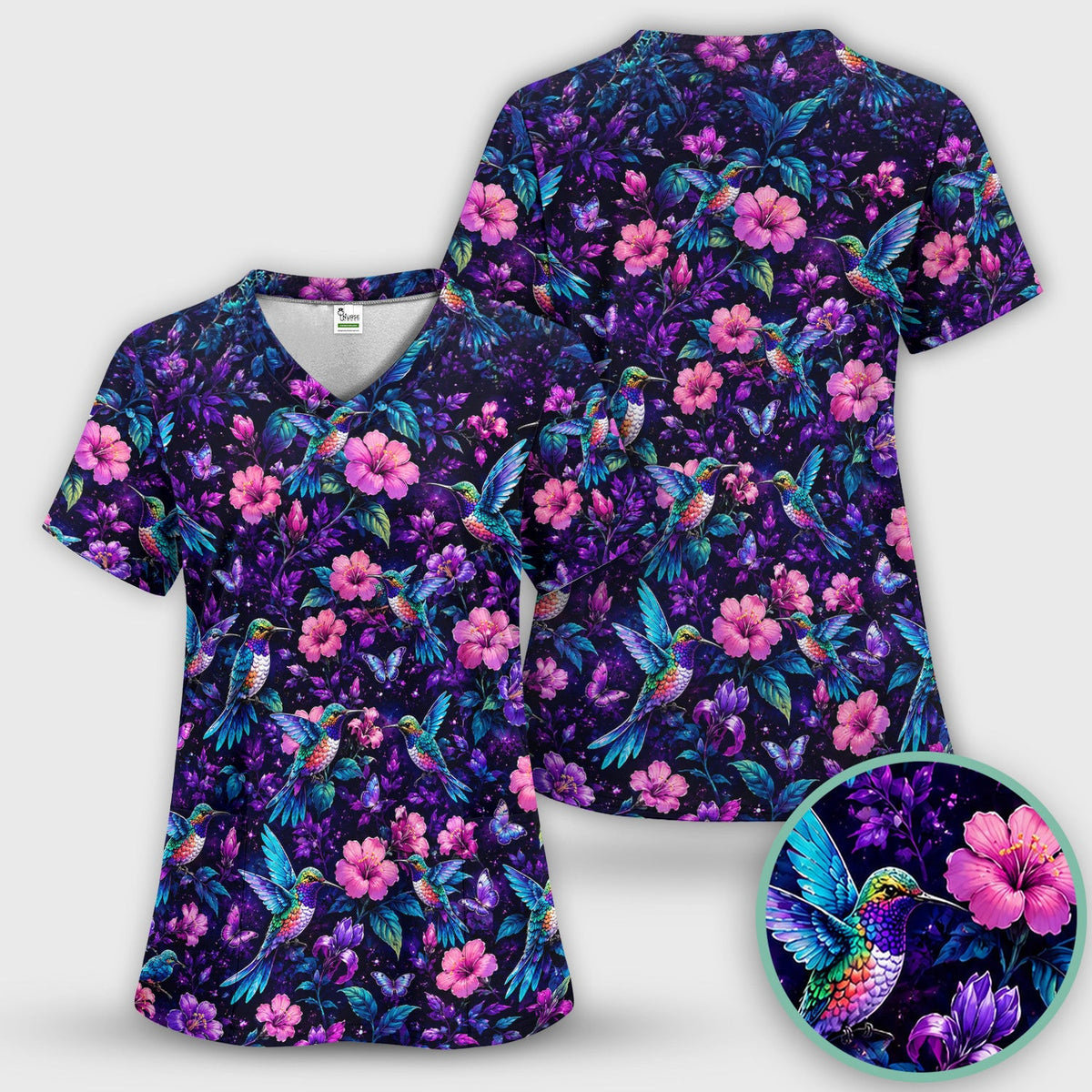 Vibrant Hummingbird Hibiscus Blossom Pattern Scrub Top, Comfortable Scrubs for Nurses