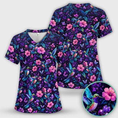 Vibrant Hummingbird Hibiscus Blossom Pattern Scrub Top, Comfortable Scrubs for Nurses