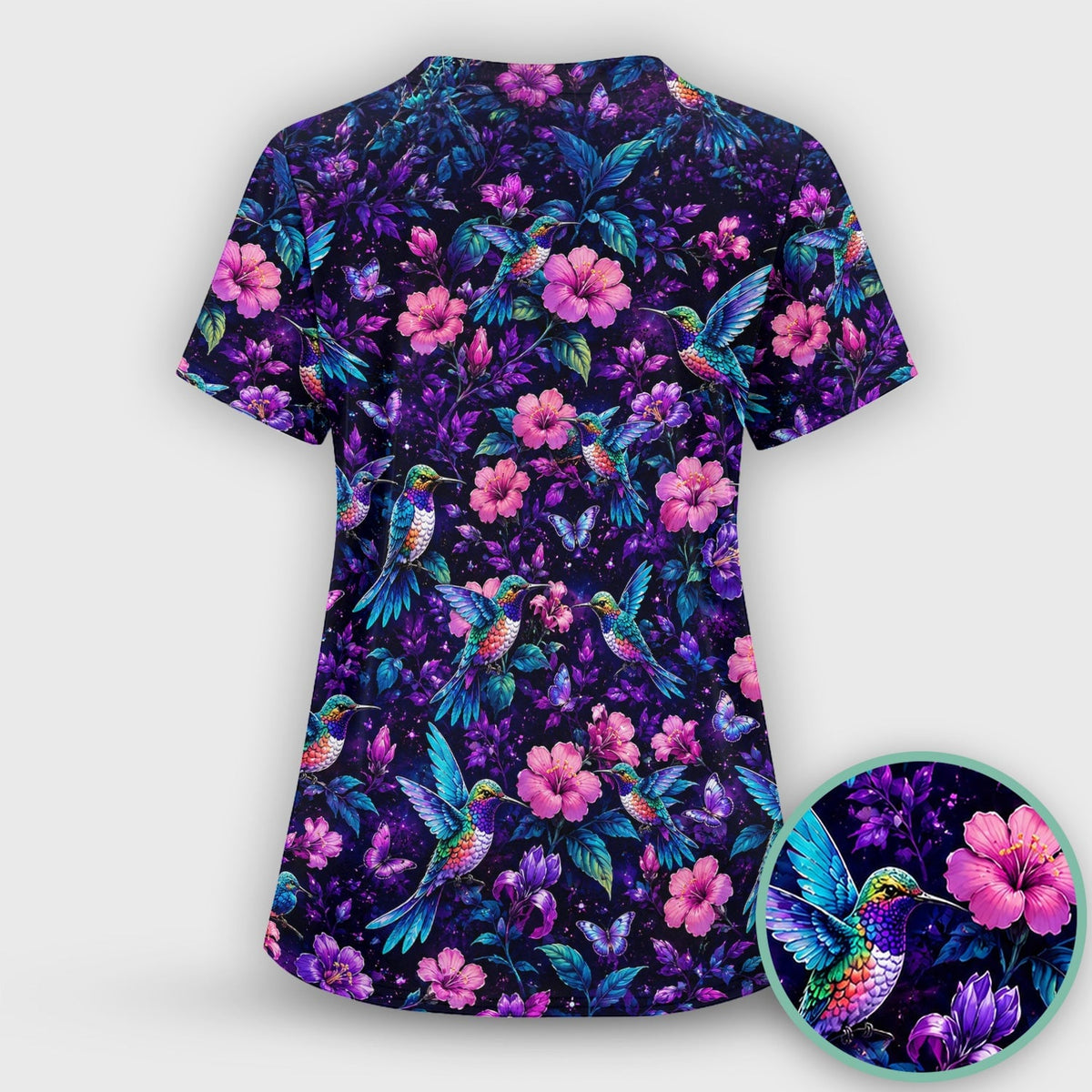 Vibrant Hummingbird Hibiscus Blossom Pattern Scrub Top, Comfortable Scrubs for Nurses