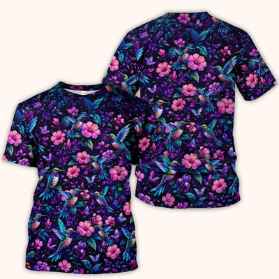 Vibrant Hummingbird Hibiscus Blossom Pattern Scrub Top, Comfortable Scrubs for Nurses