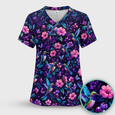 Vibrant Hummingbird Hibiscus Blossom Pattern Scrub Top, Comfortable Scrubs for Nurses