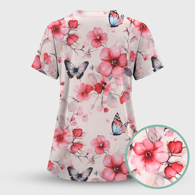 Pink Butterfly Blossom Pattern Scrub Top, Comfortable Scrubs for Nurses