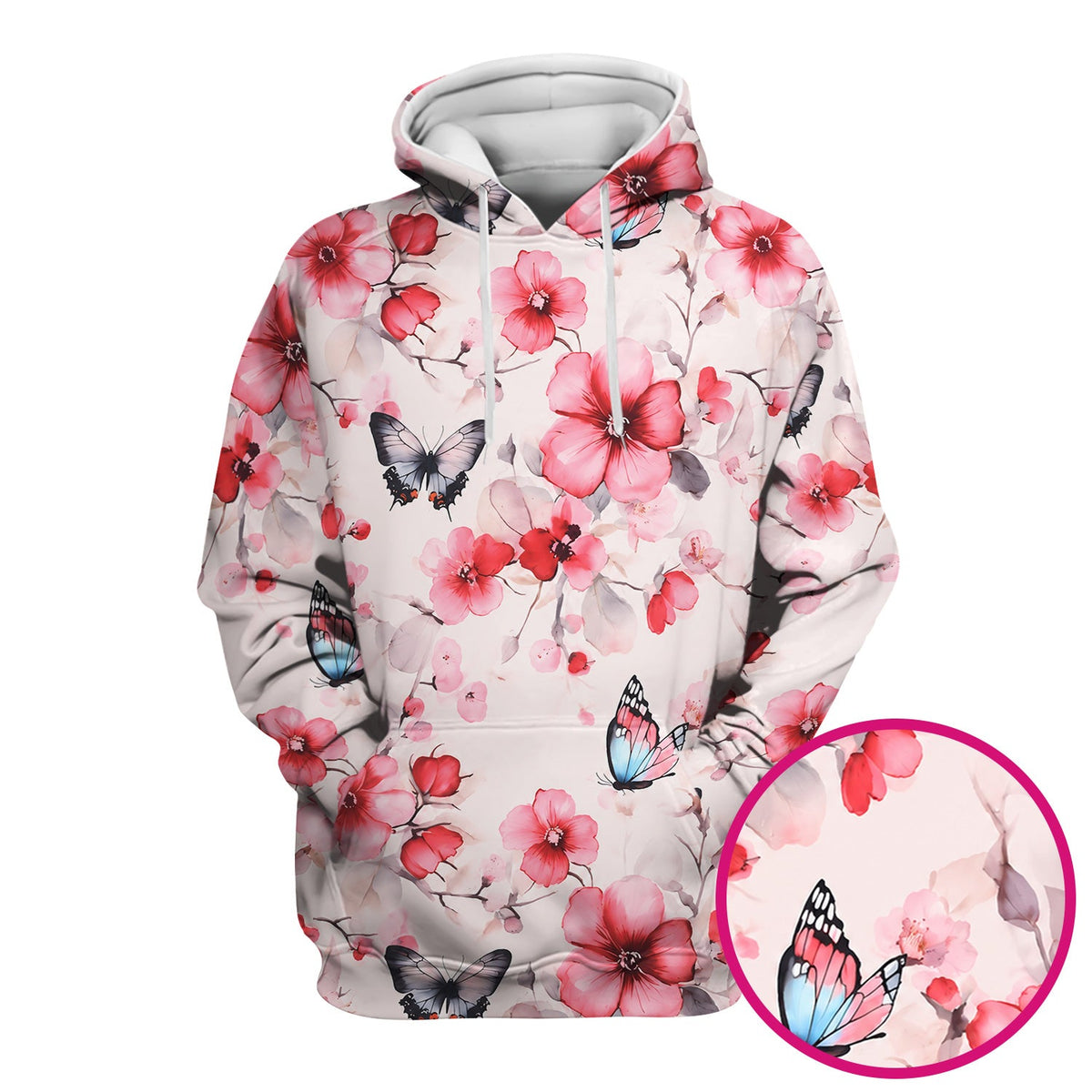 Pink Butterfly Blossom Pattern Scrub Top, Comfortable Scrubs for Nurses