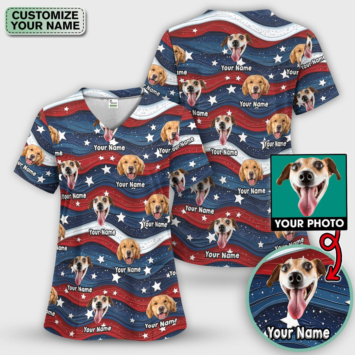 Personalized Patriotic Dog Photo Pattern Scrub Top, Comfortable Scrubs for Nurses