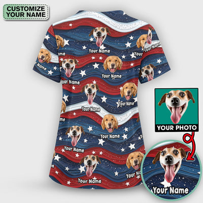 Personalized Patriotic Dog Photo Pattern Scrub Top, Comfortable Scrubs for Nurses