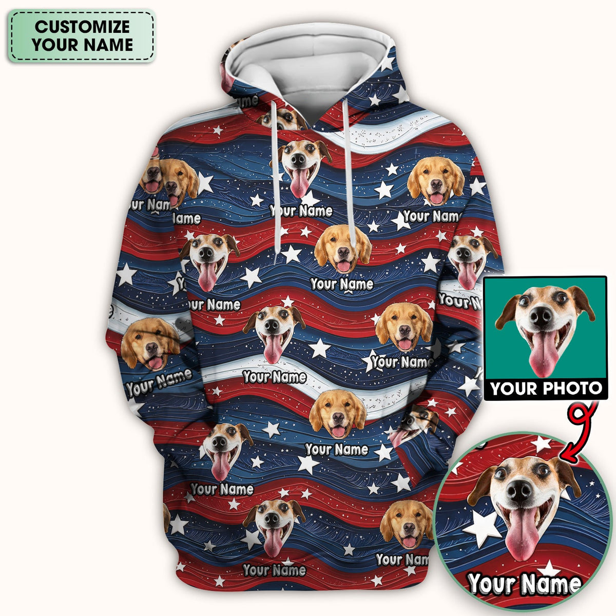 Personalized Patriotic Dog Photo Pattern Scrub Top, Comfortable Scrubs for Nurses
