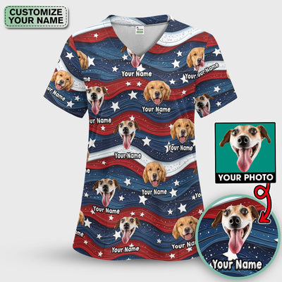 Personalized Patriotic Dog Photo Pattern Scrub Top, Comfortable Scrubs for Nurses