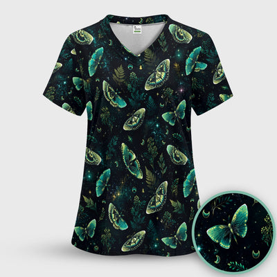 Mystical Moonlight Butterfly Garden Pattern Scrub Top, Comfortable Scrubs for Nurses