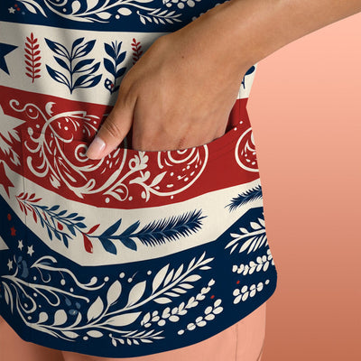 Patriotic Americana Starburst Floral Pattern Scrub Top, Comfortable Scrubs for Nurses