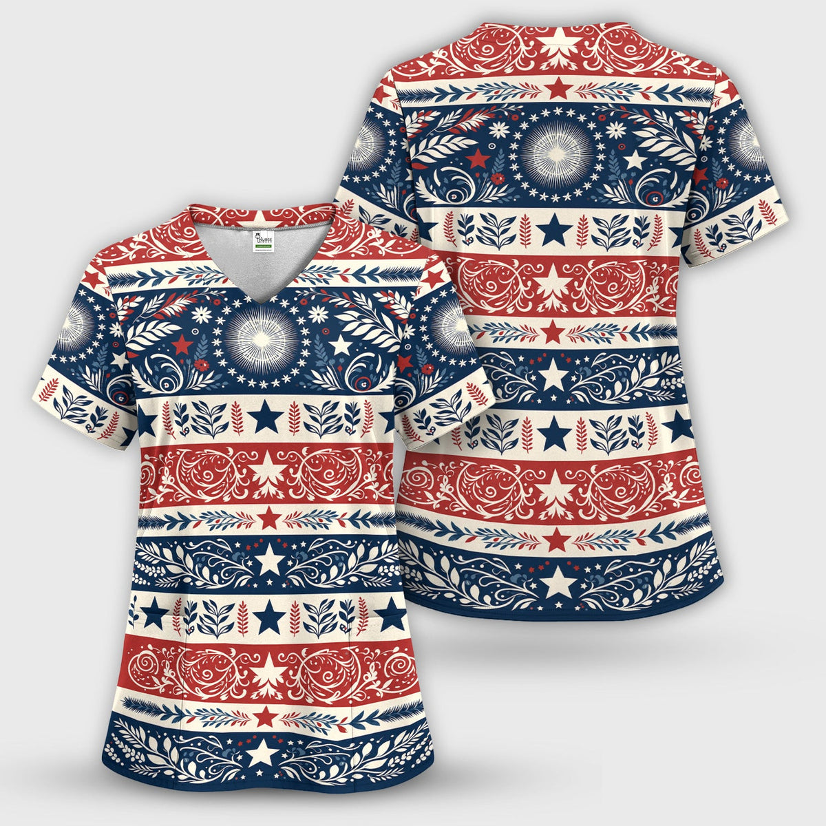 Patriotic Americana Starburst Floral Pattern Scrub Top, Comfortable Scrubs for Nurses