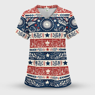 Patriotic Americana Starburst Floral Pattern Scrub Top, Comfortable Scrubs for Nurses