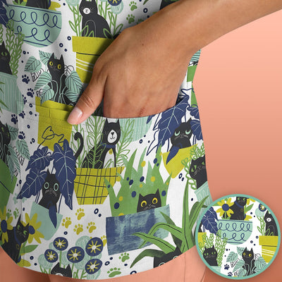 Black Cat Planter Garden Pattern Scrub Top, Comfortable Scrubs for Nurses