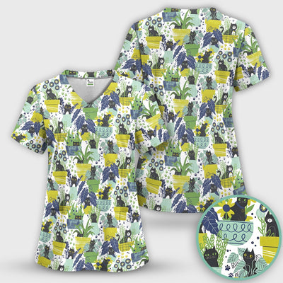 Black Cat Planter Garden Pattern Scrub Top, Comfortable Scrubs for Nurses