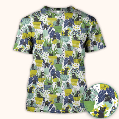 Black Cat Planter Garden Pattern Scrub Top, Comfortable Scrubs for Nurses