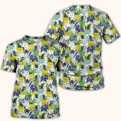 Black Cat Planter Garden Pattern Scrub Top, Comfortable Scrubs for Nurses