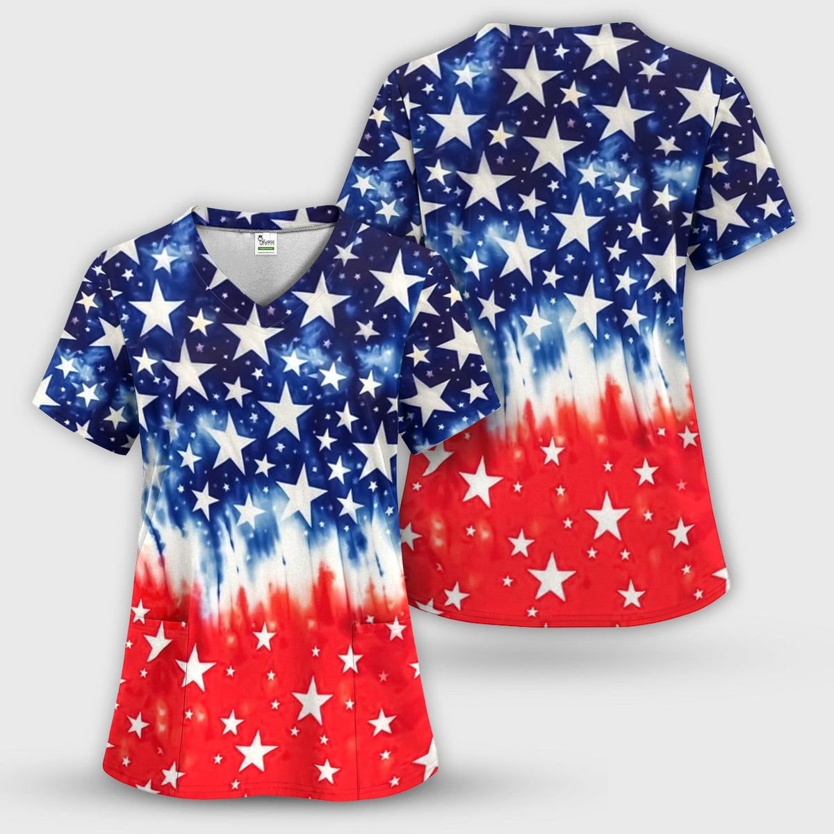 Patriotic Stars Tie Dye Pattern Scrub Top, Comfortable Scrubs for Nurses