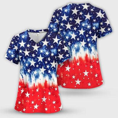 Patriotic Stars Tie Dye Pattern Scrub Top, Comfortable Scrubs for Nurses
