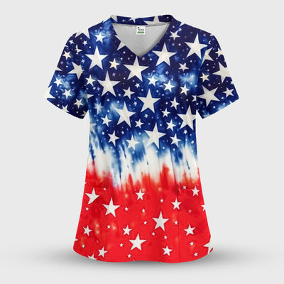 Patriotic Stars Tie Dye Pattern Scrub Top, Comfortable Scrubs for Nurses