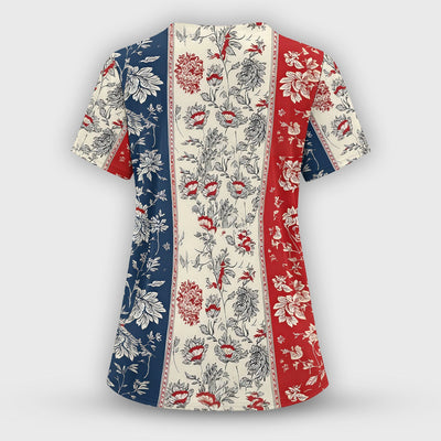 Patriotic Nurse Flag Patchwork Pattern Scrub Top, Comfortable Scrubs for Nurses