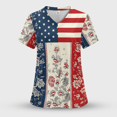 Patriotic Nurse Flag Patchwork Pattern Scrub Top, Comfortable Scrubs for Nurses