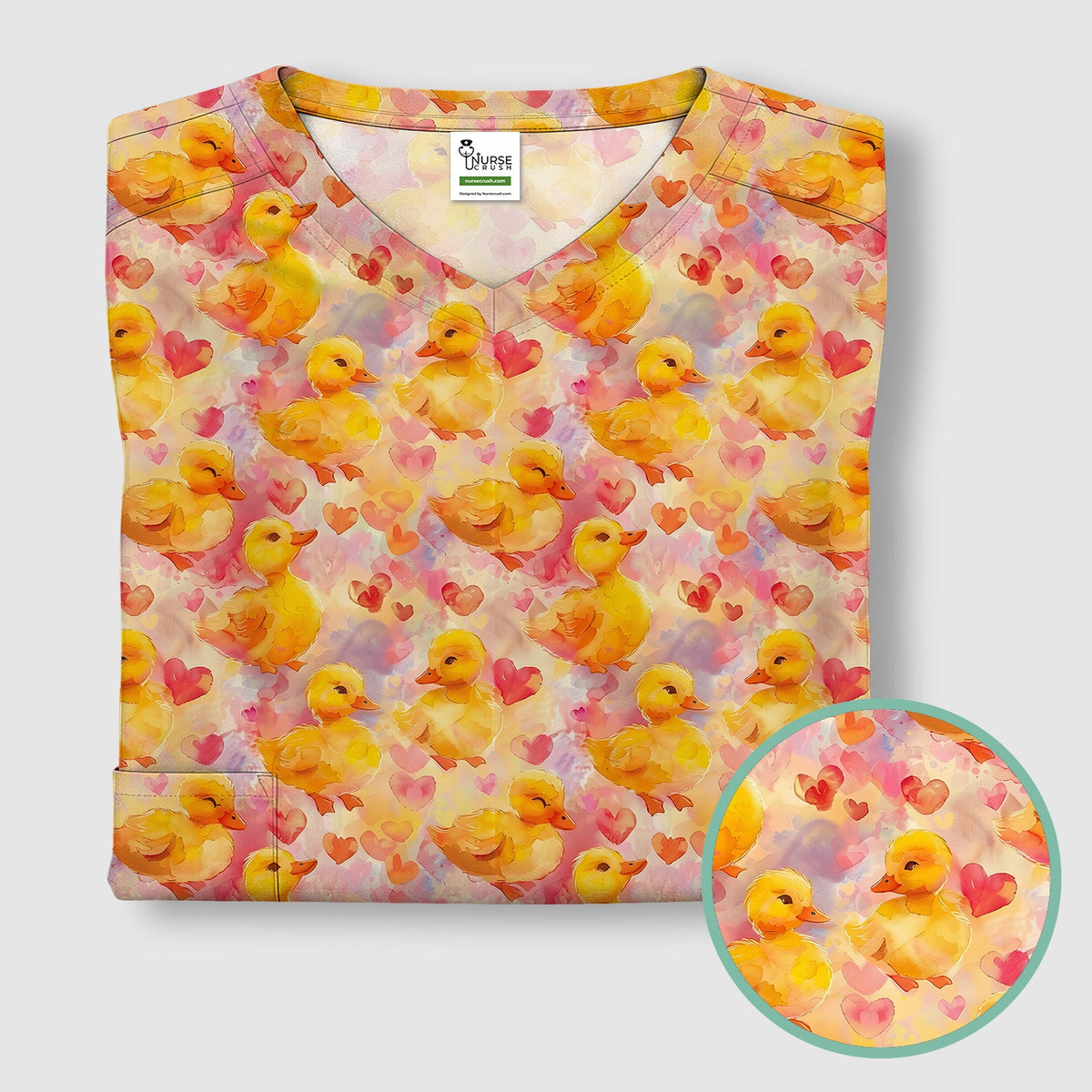 Cute Duck Heart Watercolor Pattern Scrub Top, Comfortable Scrubs for Nurses