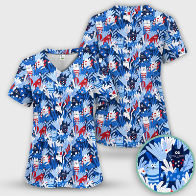 Cute Cats Among Blue Foliage Pattern Scrub Top, Comfortable Scrubs for Nurses