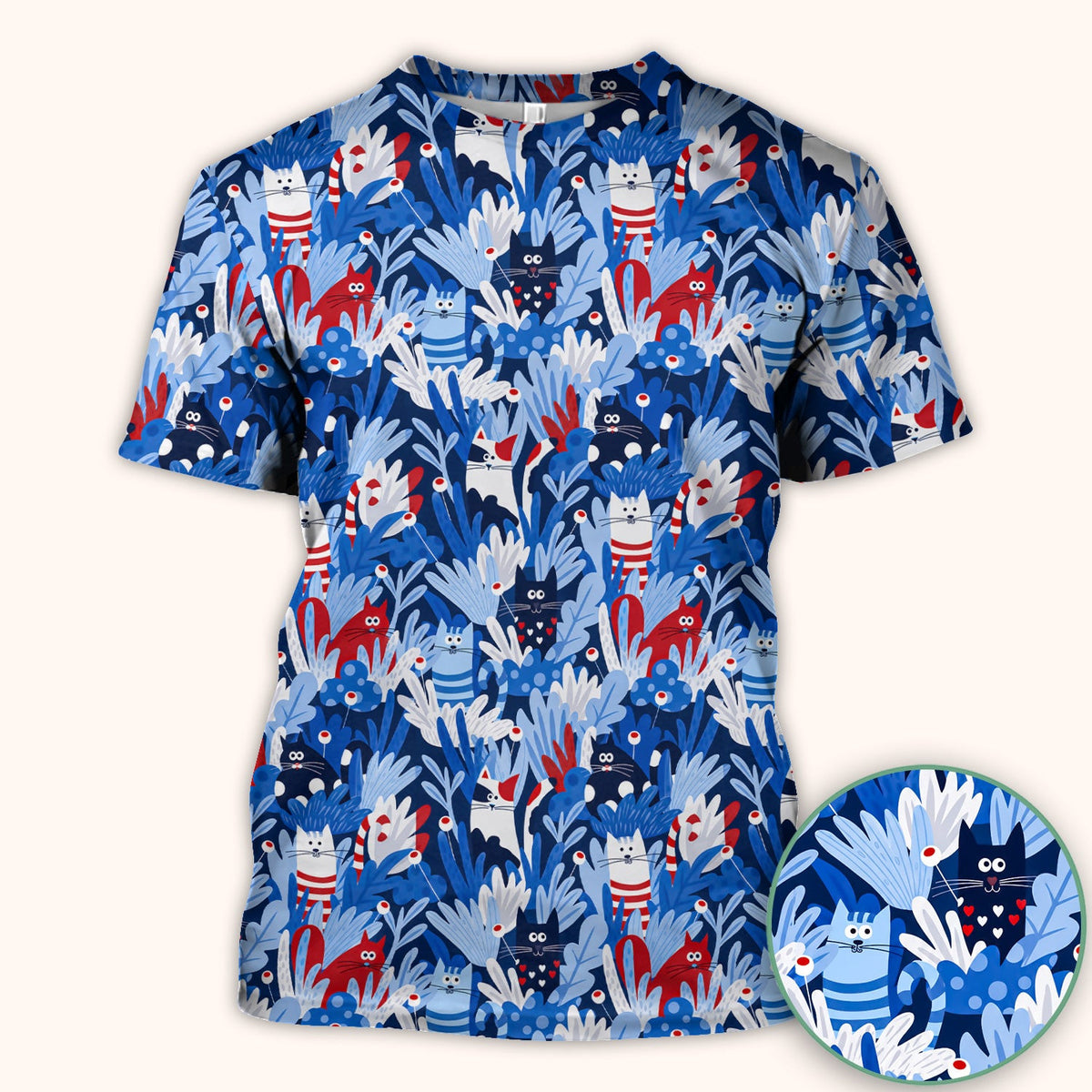 Cute Cats Among Blue Foliage Pattern Scrub Top, Comfortable Scrubs for Nurses