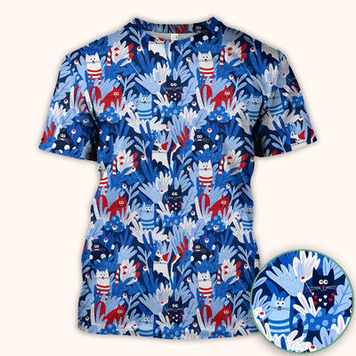 Cute Cats Among Blue Foliage Pattern Scrub Top, Comfortable Scrubs for Nurses