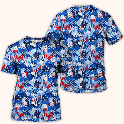 Cute Cats Among Blue Foliage Pattern Scrub Top, Comfortable Scrubs for Nurses