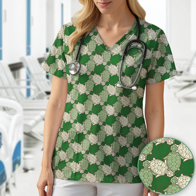 Green Sea Turtle Shell Pattern Scrub Top, Comfortable Scrubs for Nurses