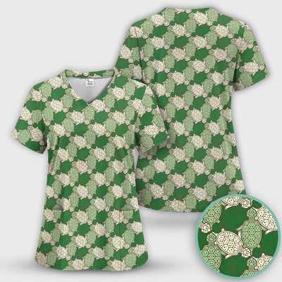 Green Sea Turtle Shell Pattern Scrub Top, Comfortable Scrubs for Nurses