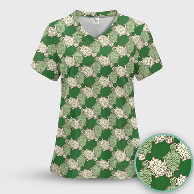 Green Sea Turtle Shell Pattern Scrub Top, Comfortable Scrubs for Nurses