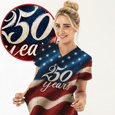 Festive American Flag 250 Years Pattern Scrub Top, Comfortable Scrubs for Nurses