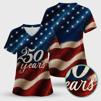 Festive American Flag 250 Years Pattern Scrub Top, Comfortable Scrubs for Nurses