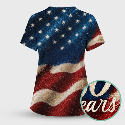 Festive American Flag 250 Years Pattern Scrub Top, Comfortable Scrubs for Nurses
