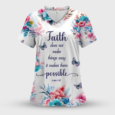 Inspirational Faith Floral Butterfly Pattern Scrub Top, Comfortable Scrubs for Nurses